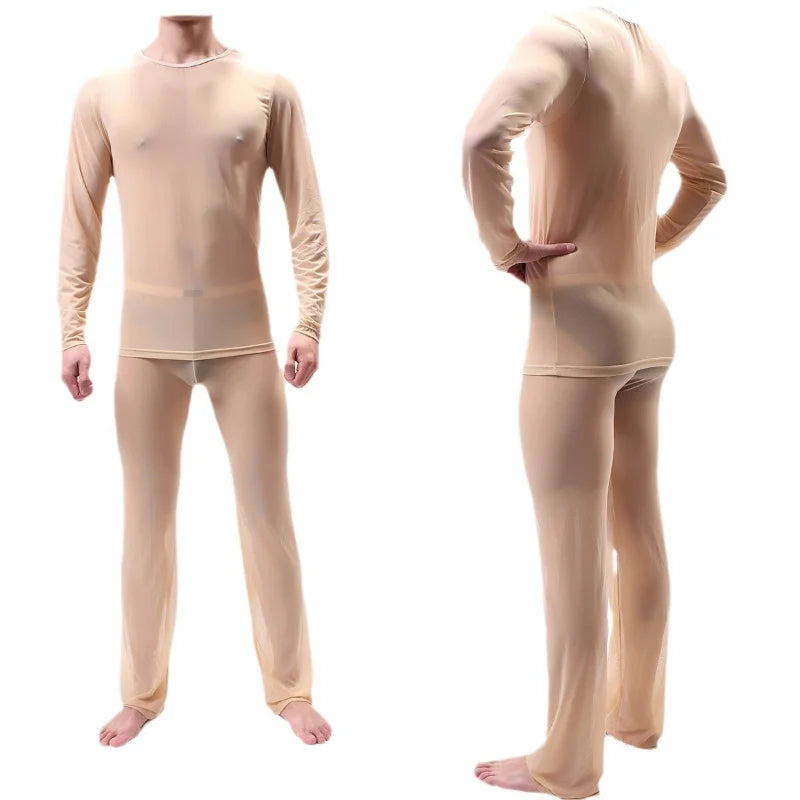 Sexy Transparent Thin Men's Pajamas Night Wear Suit Long Sleeve Shirt Pants Set
