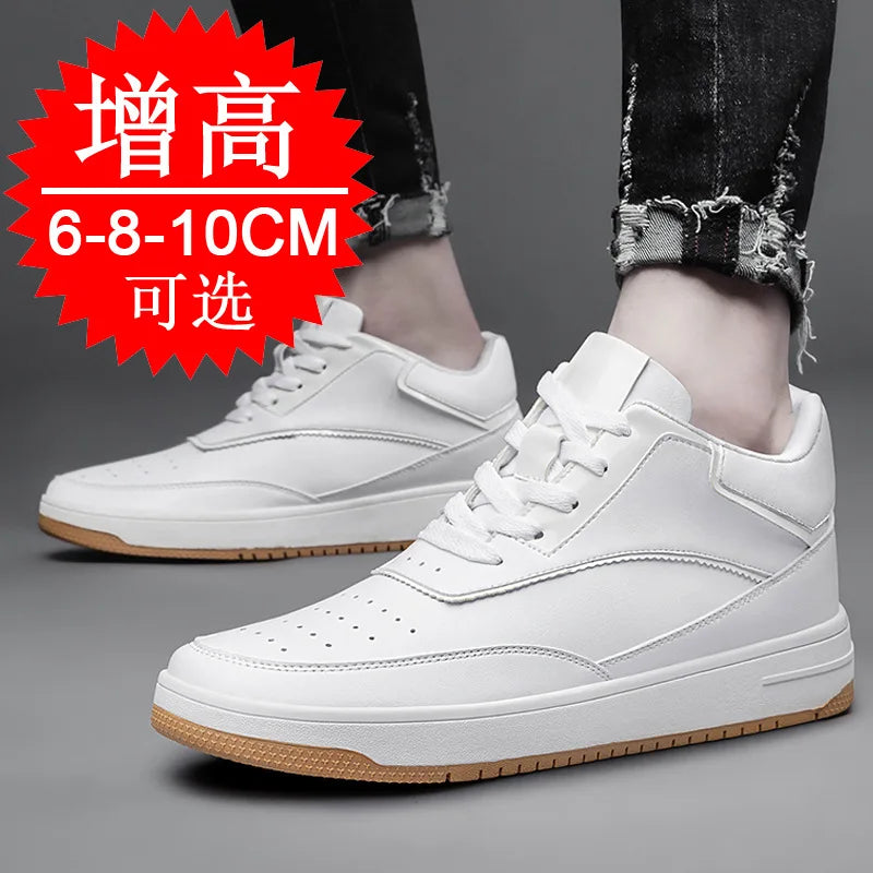 Men's Invisible Height Increasing Elevator Shoes 6cm 8cm 10cm Pure White Light-Weight Lace-up Genuine Leather Sporty Sneakers