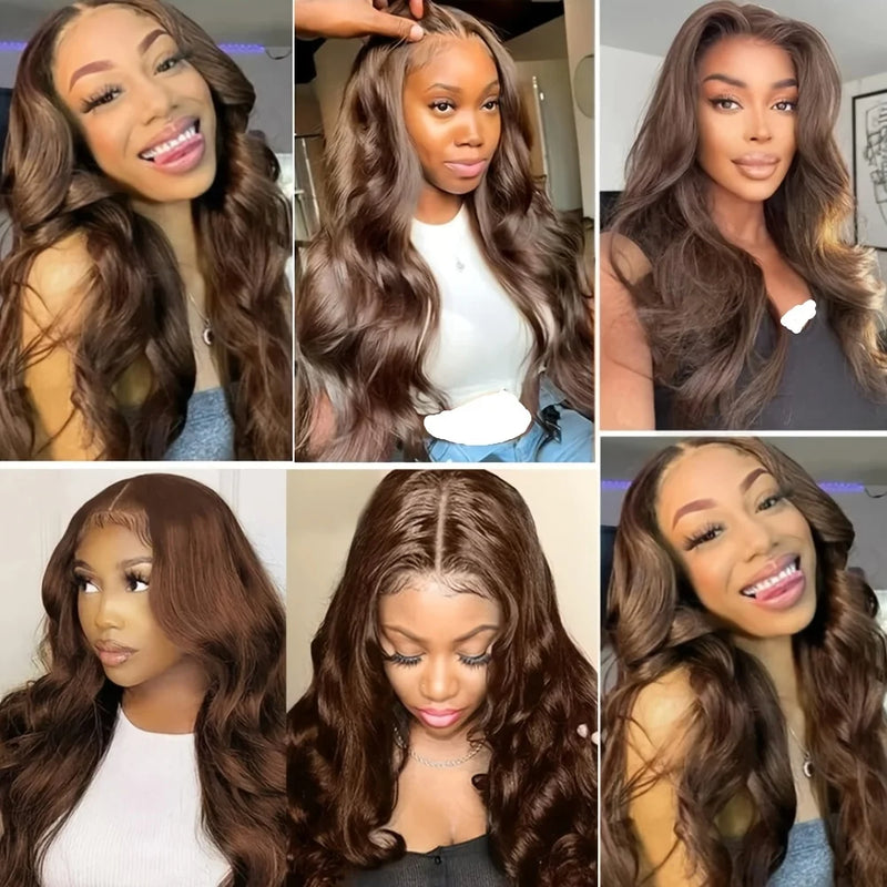 Chocolate Brown Body Wave Lace Front Wig Human Hair 220 Density Frontal Lace Wigs 30 Inch 13x6 HD Transparent Lace Human Wigs