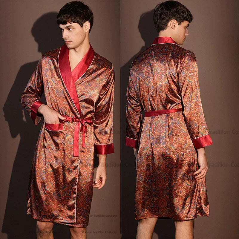 Men Summer Thin Bathrobe High Quality Nightrobes One-Piece Robe Male Loungewear Gents Spring Large Size Ice Silk Printed Pajamas