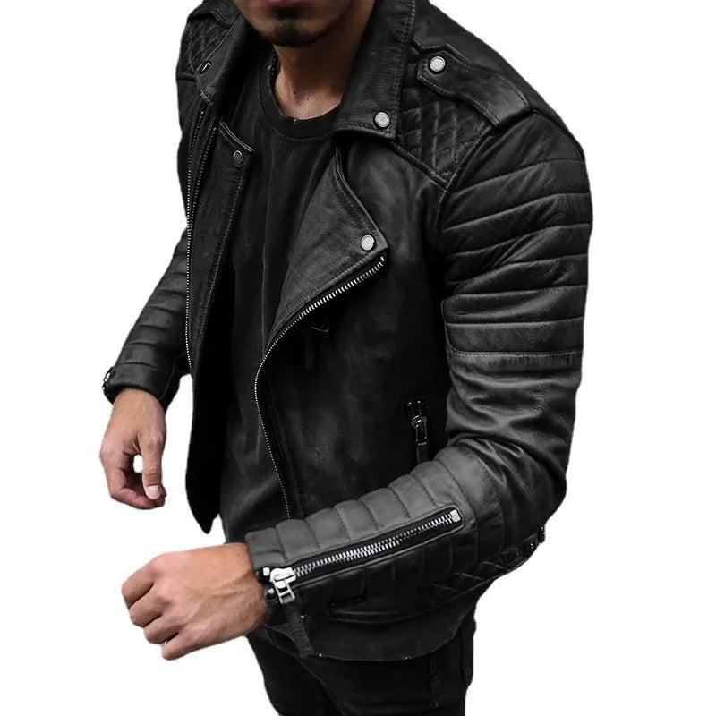 Fashion Leather Coat Men Spring Autumn  Slim Lapel Locomotive Men Leather Jacket Solid Color Long Sleeve PU Brown Leather Jacket