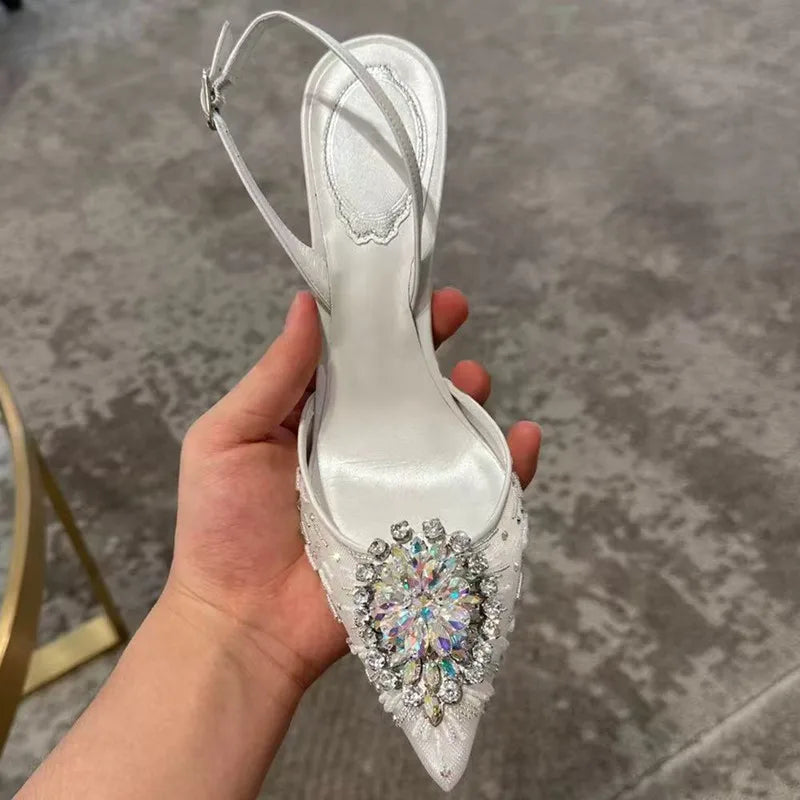 Luxury Diamond Pearls Lace Mesh Women Pumps Elegant Pointed toe Thin High heels Fashion Summer Slingbacks Wedding Party Shoes