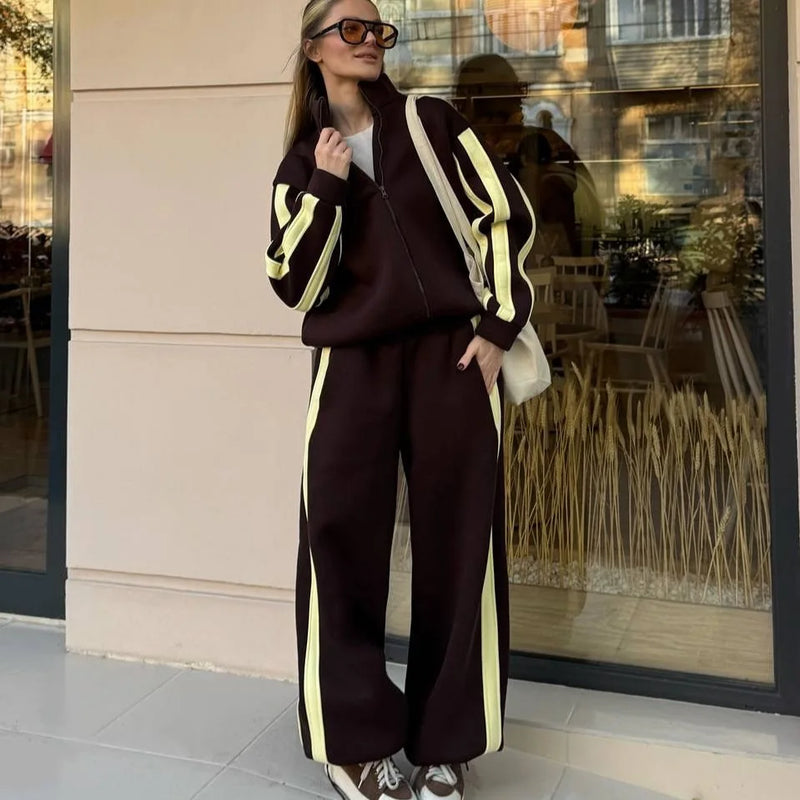 Women's Fashion Cotton Sport Tracksuit With Casual Pant Stripes Zipper Hoodies Cardigan High Waist Trouser 2 Piece Autumn Outfit