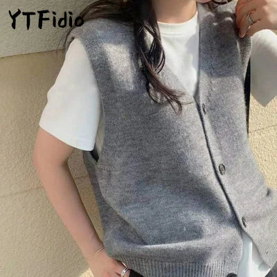 YTFidio Women Cardigan Vest Clothing O-neck Tank Tops Four Button Casual Outerwears Ladies Tops Knitted Solid Casual Autumn 161