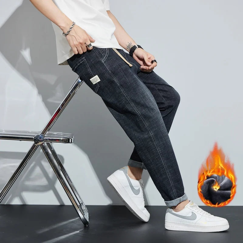 Winter Dark Blue Fleece Jeans for Men Black Loose | SAMAG