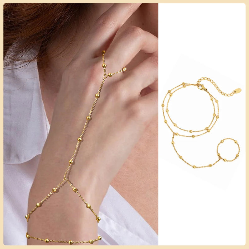 Stainless Steel Hand Chain Ring Bracelet for Women, Adjustable Gold Plated Double Layer Finger Summer - Visuel 11 | SAMAG