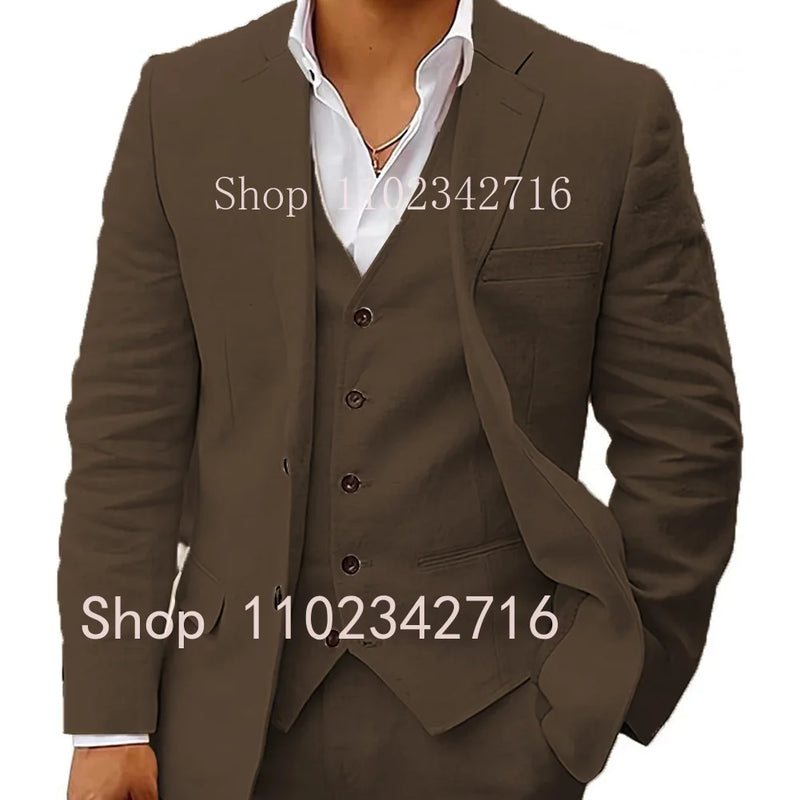 3 Piece Linen Summer Men Suits for Wedding Groom Tuxedos 2023 Casual Beach Custom Man Suit Set Jacket Vest with Pants Man Fahion