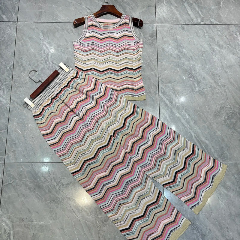 Metallic Striped Pleated Printed Pants Set for Women Fashion 2026 Summer New Slim Fit Elastic Vest + Straight Pants 2-Piece Set