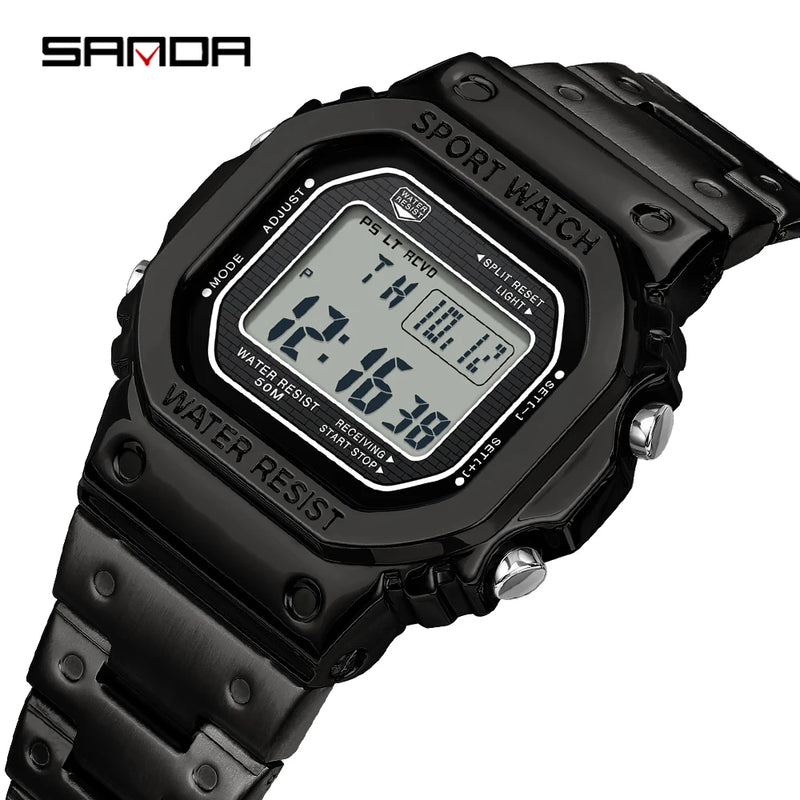 SANDA 2162 Men's Electronic Watch Square Waterproof Multi Functional Wrist Watch Square Fashion Night Light Steel Digit Watches