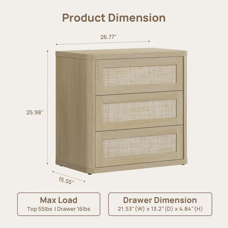 Rattan Night Stand Set of 2, Oversized 3-Drawer Nightstand, Large Bedside Table Boho End Table Storage Cabinet with, Customized