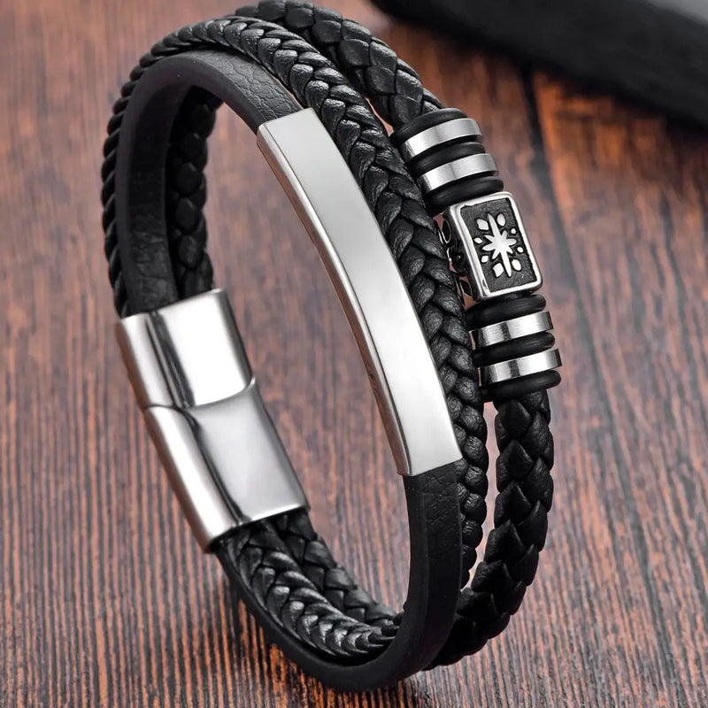Braided Rope Woven Black Leather Men Bracelets Punk Style Stainless Steel Bangle for Friend Charm Fashion Jewelry Gifts