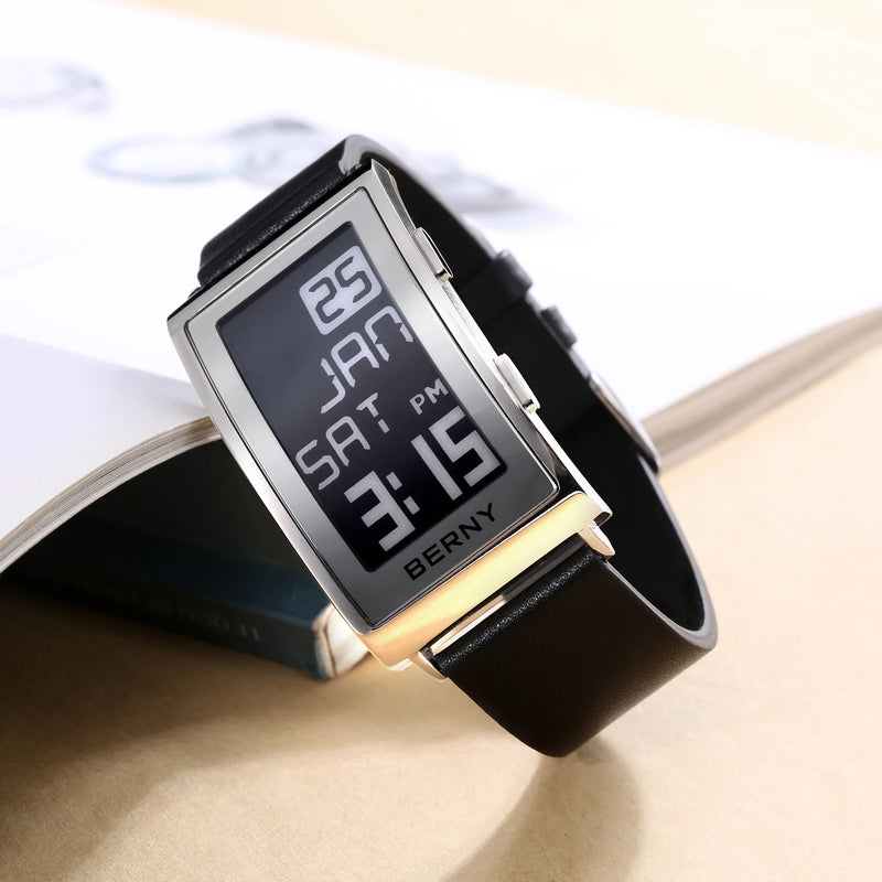 Electronic Digital Watch for Men Fitness Ink Wristwatch Stainless Steel Case Leather Strap 3ATM Waterproof Men Sport Watch Ink