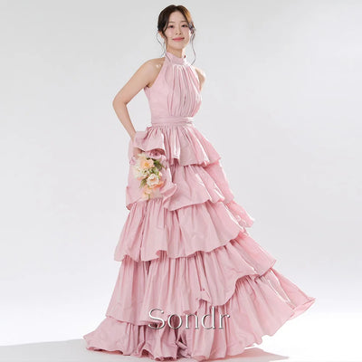 Sondr Tiered Pink Taffeta Halter Wedding Snap Dresses | SAMAG