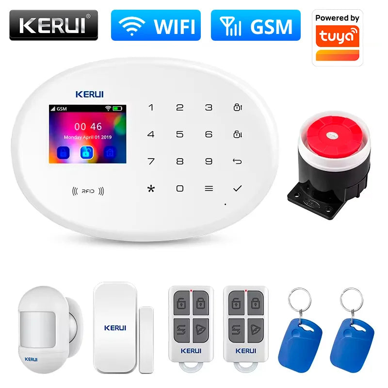 KERUI Home Security Protection WIFI GSM Alarm System Kit Works with Tuya Support Alexa with Door Opening Sensor Motion Detector
