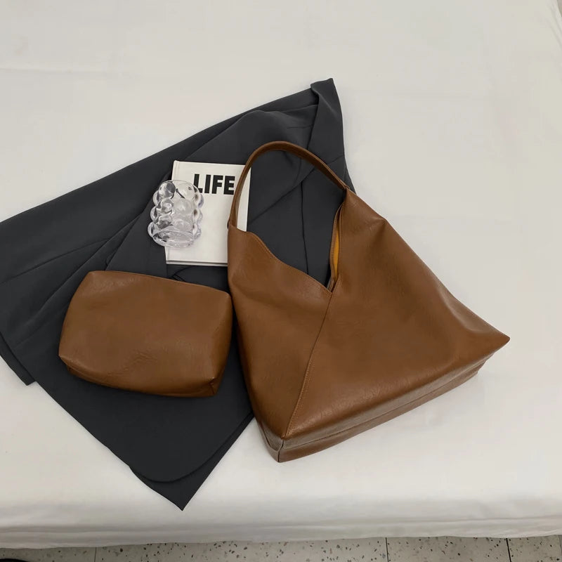 MOODS Retro Designer 2-IN-1 Shoulder Bags For Women Soft PU Leather Pure Color Large Capacity Underarm Hobo Shopper Tote Handbag