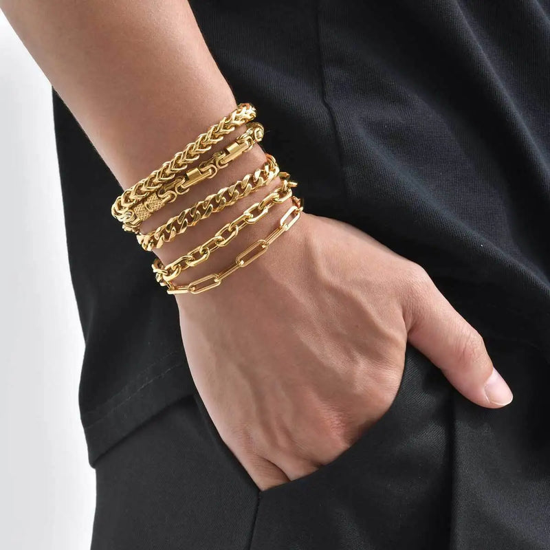 Gold Color Men's Chain Bracelet, Hip Hop Stainless Steel Chunky Wristband, Rock Punk Jewelry Gift for Dad - Visuel 5 | SAMAG