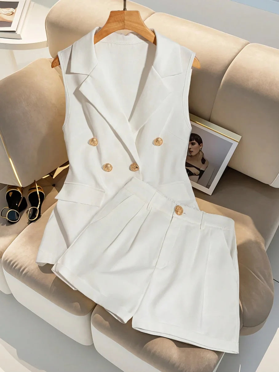 Elegant Style Women Summer Sleeveless Lapel Double Button Vest Pleated Short Pants Set