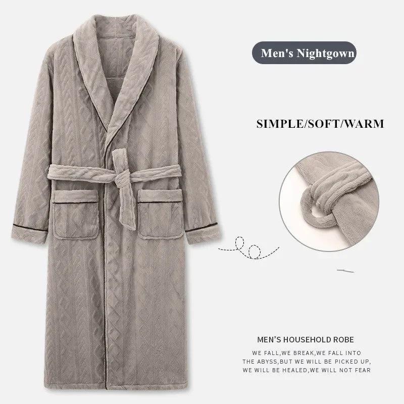2026 Men's Autumn Winter Flannel Pajama Robes Thickened Warm Lace Up Bath Robes Men Loose Lounge Homewear Coral Fleece Nightgown
