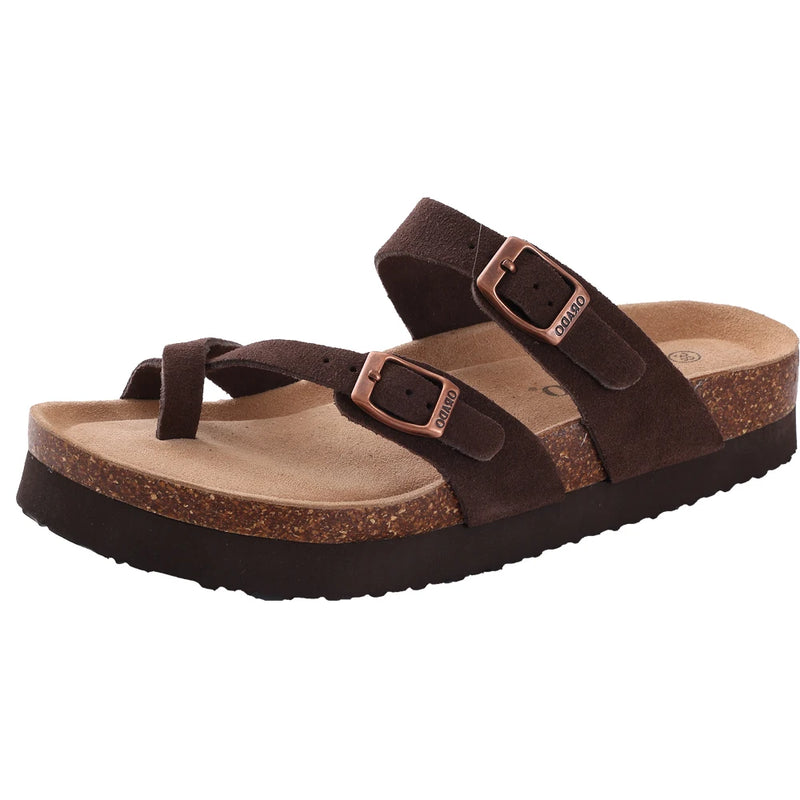 Evshine Leather Cork Footed Clogs Sandals For Women Fashion Flat Mules Slippers with Arch Support Men Double Buckle Cork Slides