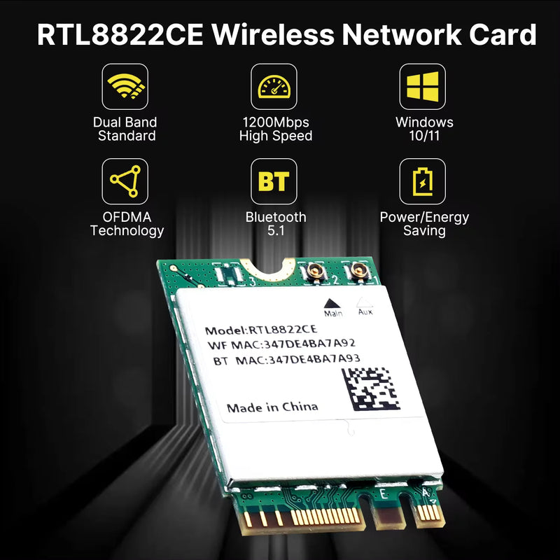 1200Mbps WiFi 5 RTL8822CE Bluetooth 5.1 Dual - band 2.4G/5G 802.11AC Card Network Mini PcIe For Laptop - Visuel 2 | SAMAG