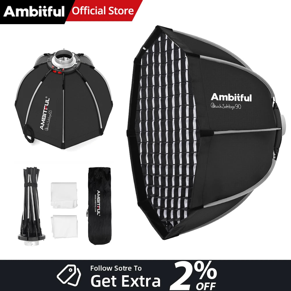 AMBITFUL 90cm Quickly Release Octagon Softbox Honeycomb Grid Outdoor Soft Box Bowens Mount Or Flash Bracket for Studio Flash