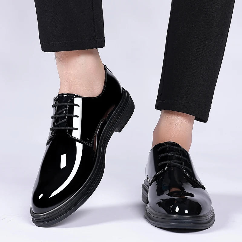 FUQIAO New Men 6/8cm Derby Shoes Patent Leather Height Increase Men Dress Shoes Formal Elevator Business Lift Shoes Bright Upper