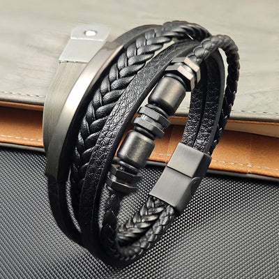 Men's Stainless Steel Luxury Magnetic Buckle Braided Multi - layer Leather Cylinder Hexagonal Bead Bracelet Jewelry | SAMAG