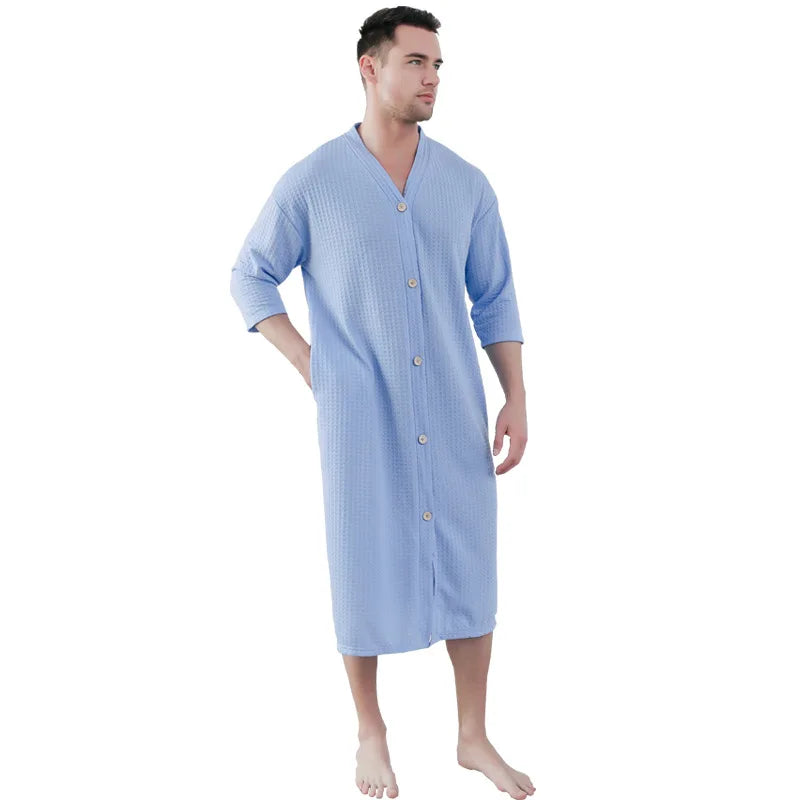 New Button Men's Pajamas Thin Fattened Plus Size Pajamas Bathrobes One-piece Pajamas Men's Loungewear Robe Kimono Bath Robe Men