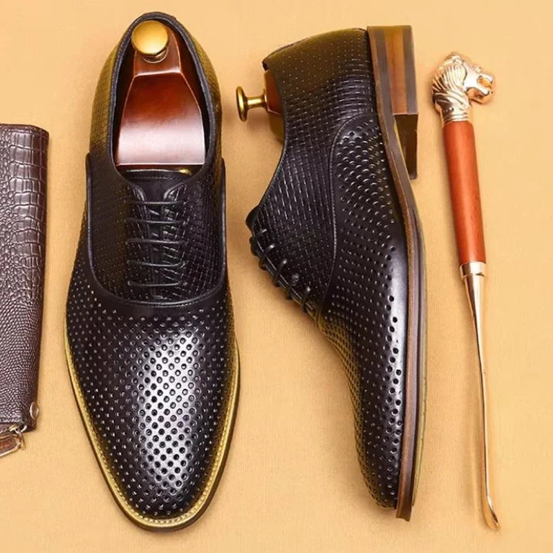 Men's Business Casual Oxford Shoes Real Cow Leather Comfortable Breathable Hollow Leather Summer Shoes White Dress Shoes