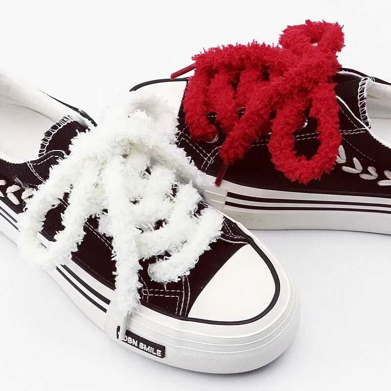 Gradient Pastel Fluffy Plush Shoelaces Wide Flat Fuzzy Shoe Laces Soft Thick Shoestrings for Canvas Sneakers Casual Cute Sweet