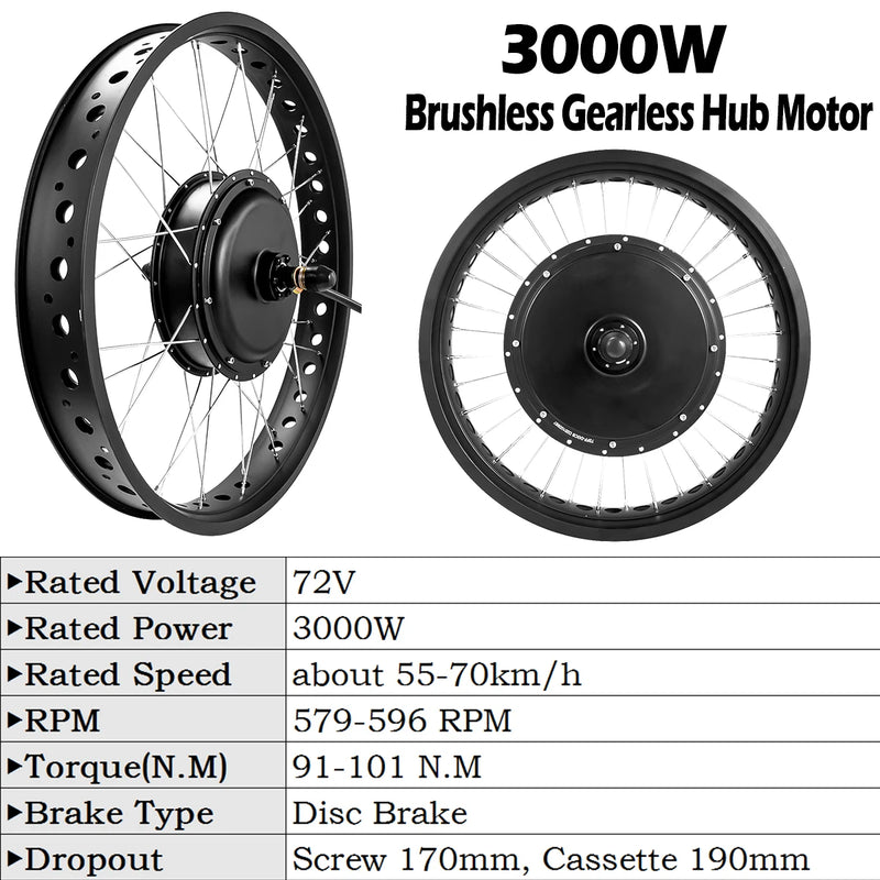72V 3000W Electric Fat Bike Kit Brushless Gearless Rear Cassette Hub Motor Wheel 20in26in Dropout 190mm for Ebike Conversion Kit