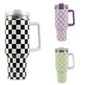 40Oz Stainless Steel Mug Coffee Cup Thermal Travel Car Auto Mugs Thermos Tumbler with Handle Chessboard  Chequer Fashion 1200ml
