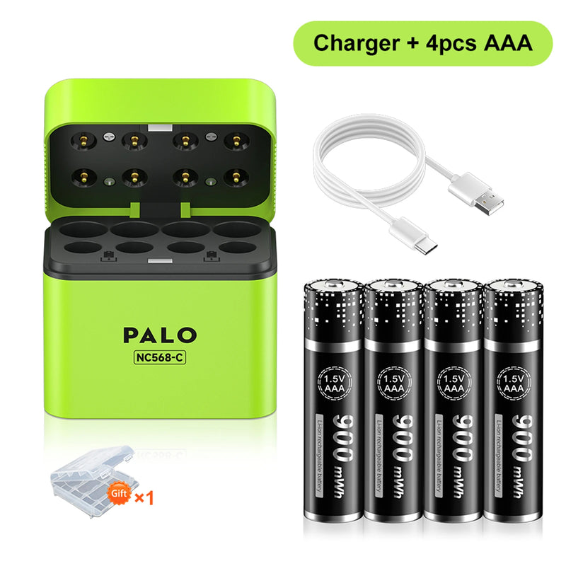 PALO 3400mWh Li-ion 1.5V AA and AAA Rechargeable Batteries with 8-channel magnetic flip charger for 1.5V 2A 3A Lithium Batteries