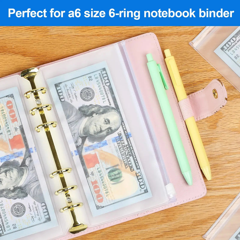 10PCS A6 Binder Pockets 6 Holes Cash Envelopes for Budgeting, Clear Zipper Folders for 6-Ring Binder, Waterproof PVC  Organizer
