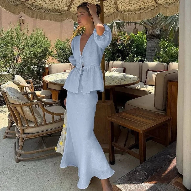 Women's Cotto V-Neck Lace-Up Bubble Sleeve Shirt Long Skirt 2 Piece-Set Summer Casual Elegant Solid Color Loose Sets