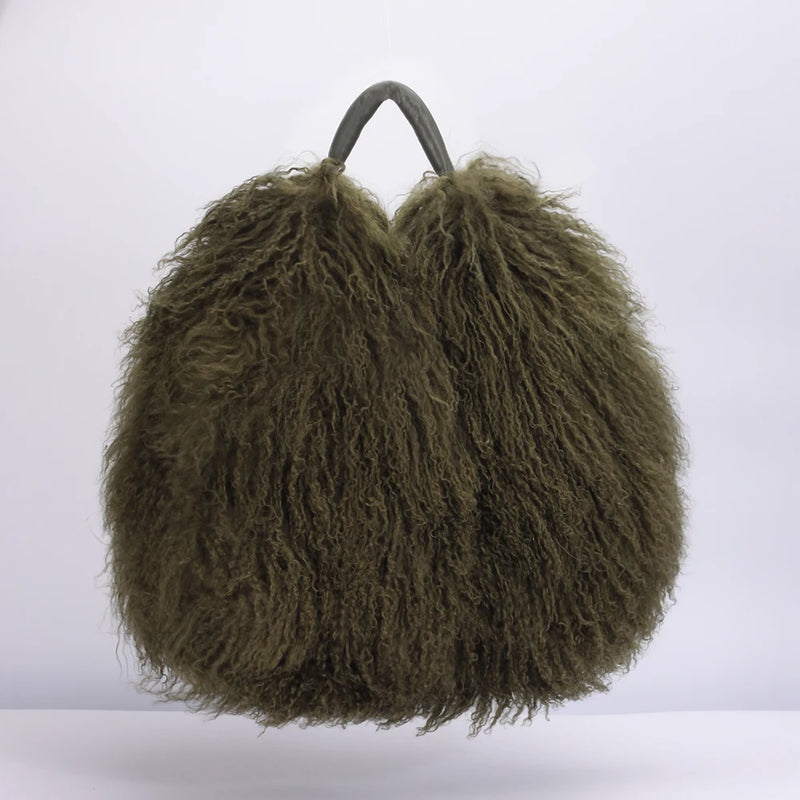Luxury Real Mongolia Lamb Fur Handbag Soft Plush Genuine Leather Shoulder Boston Bag Women's Purse Hobo Style Fluffy Fuzzy Bags