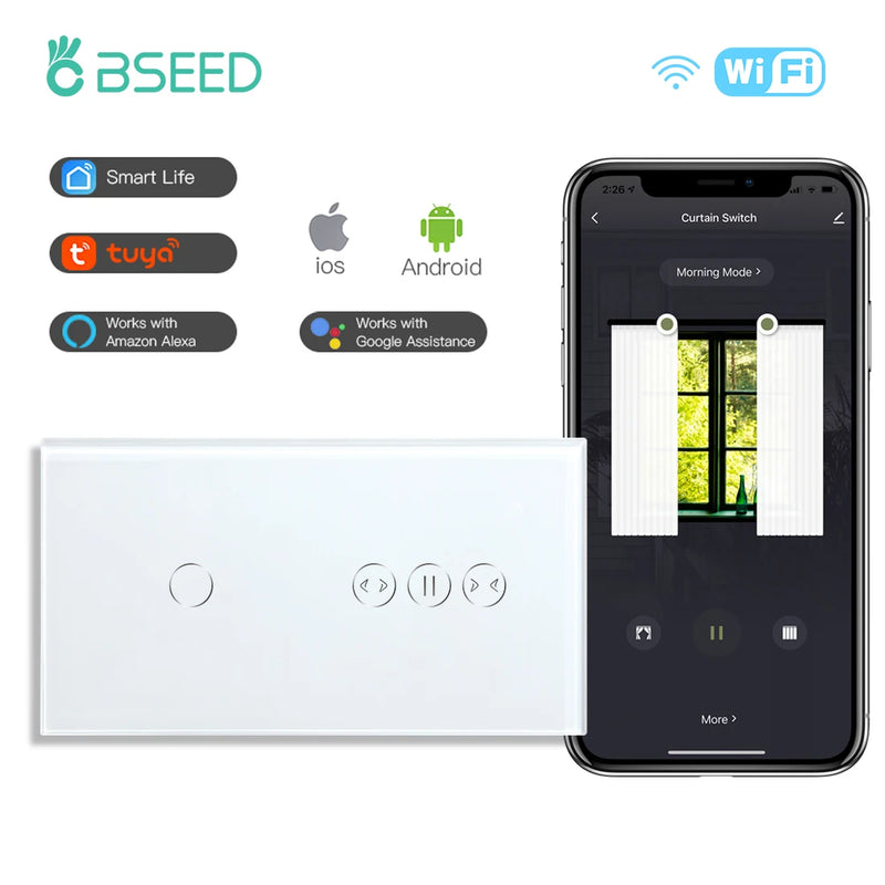 BSEED Curtain Wifi Switch Wireless Smart Switches 1/2Gang 1/2/3Way Touch Light Switch EU Standard Support Google Alexa Tuya App