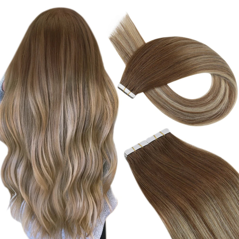 Ugeat Tape in Hair Extensions Human Hair Real Natural Brazilian Remy Hair Straight Seamless Skin Weft For Women Balayage 20P/40P