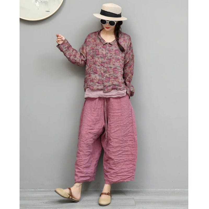 Women Summer Floral Lightweight Ramie Long - sleeve Shirt - View 2 | SAMAG