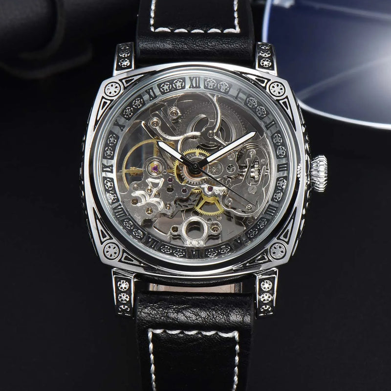 Men Automatic Watch Retro Style Mechanical Watches Skeleton Carve Waterproof Leather No Logo Mens Watch Boyfriend's Gift