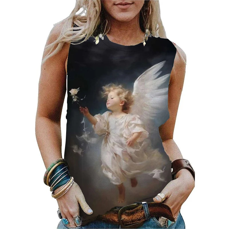 New Cute Angel Baby 3D Print Tank Tops Women Summer O-Neck Casual Vest Off Shoulder Y2k Sleeveless Top Camisole Woman Clothing