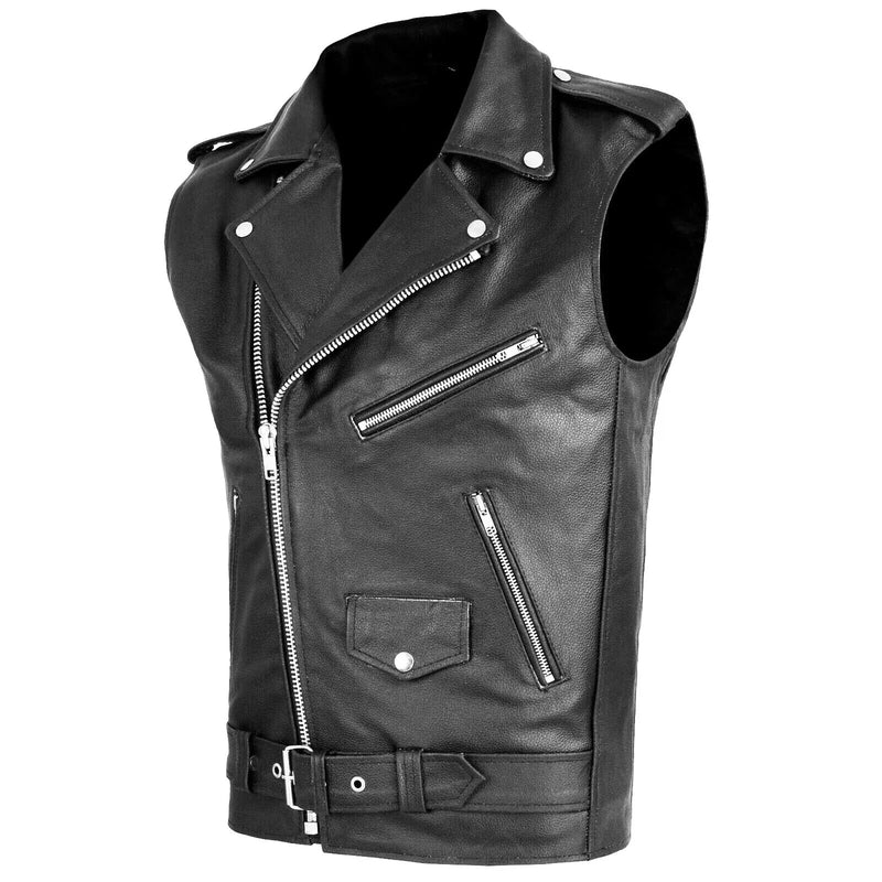 Purchase high-quality men's PU leather vest, popular motorcycle zipper leather jacket, punk rock outdoor multi pocket vest