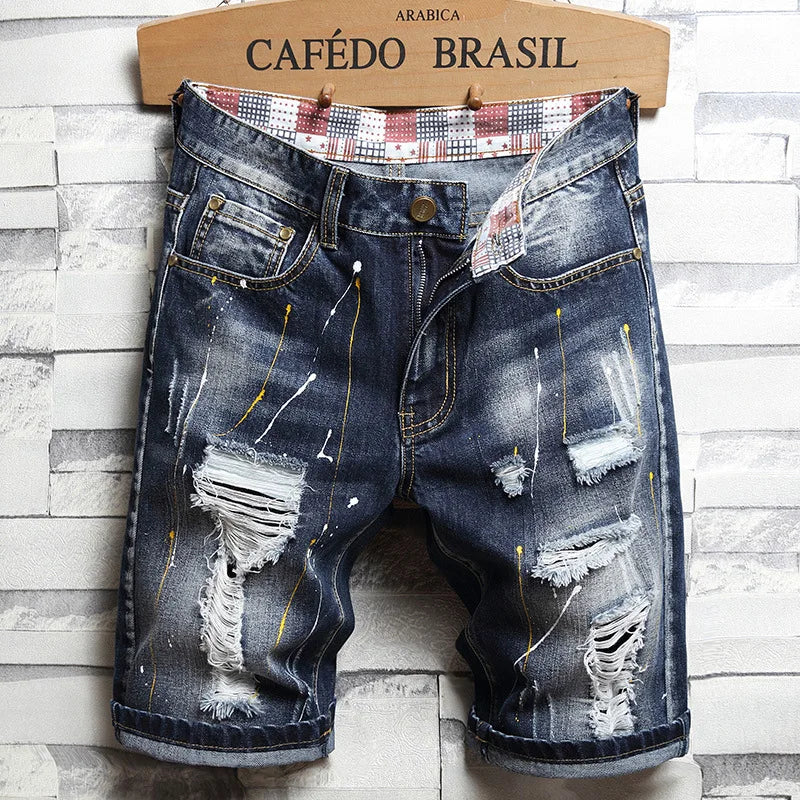 New Large Size Denim Shorts Retro Ripped Slim Men's Five | SAMAG