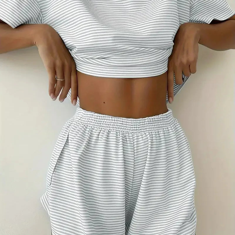 Women's Striped Pajama Set Summer Short-Sleeved T-Shirt | SAMAG