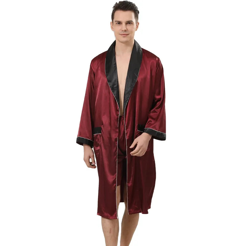 Men Satin Robe Set Loose Bathrobe Gown Long Sleeve 2PCS Sleewear Lapel Robe&Shorts Male Casual Sleep Set Silky Pajamas Set
