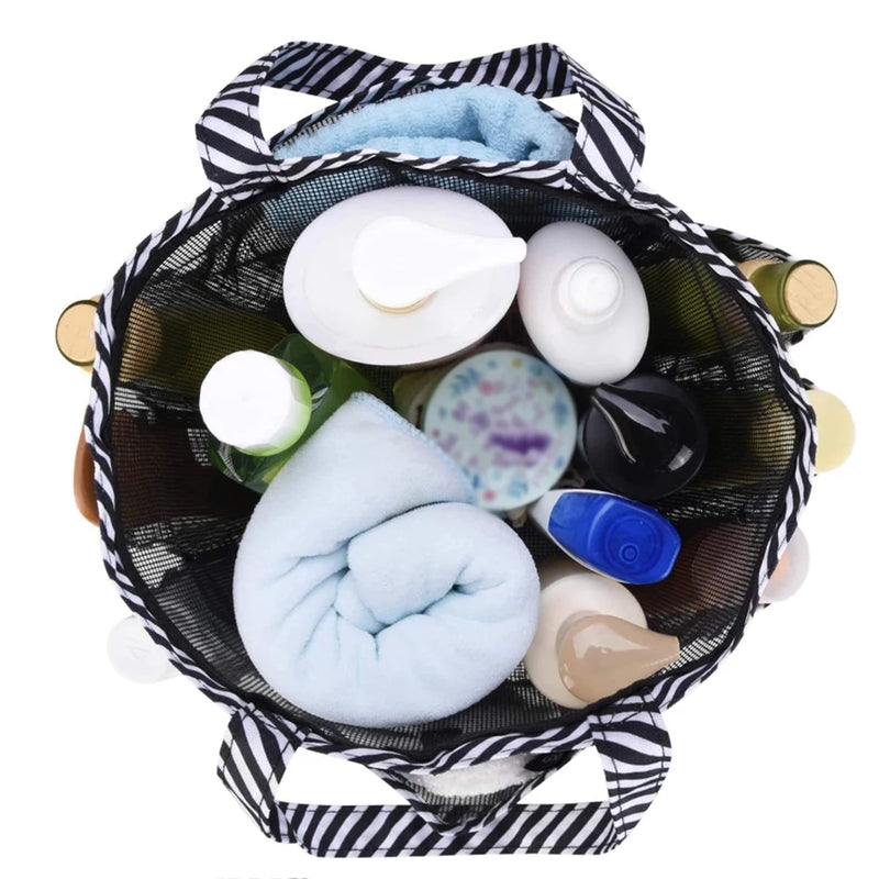 Striped Toiletry Bag Unisex Bathroom Foldable Mesh Toiletry Bag Portable Multifunctional Handheld Bath Bag