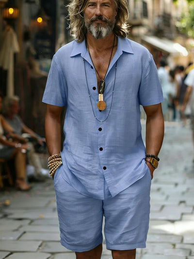 Men's Cotton100 Shirt & Shorts Set Sleeve Light Blue | SAMAG