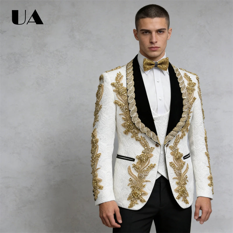 ULBYANRY Jacquard 3-Pieces Suit Including Jacket Vest Pants Suit Attires Luxury Handmade Men's Suit Set with Gold Rhinestones