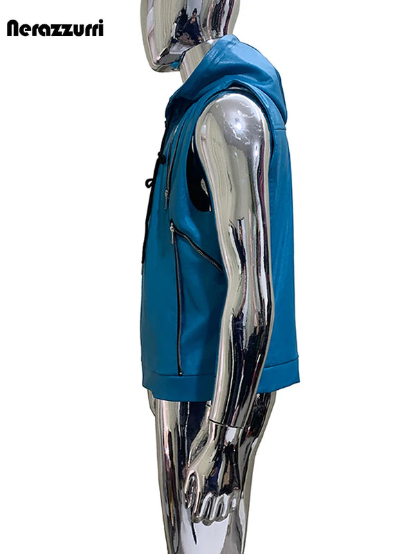 Nerazzurri Summer Autumn Short Blue Pu Leather Vest for Men with Drawstring Hood Zipper Sleeveless Jacket Men Menswear Clothing
