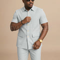 Navy Blue Striped Men Suits Chic Stand Collar Short Sleeves Wear Single Breasted Office Business Casual Male Suit 2 Piece